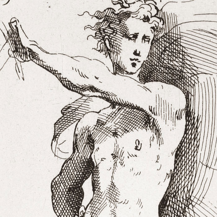 Figure d’homme debout, la main droite posée sur le côté et étendant le bras gauche - Une estampe d’après Le Parmesan