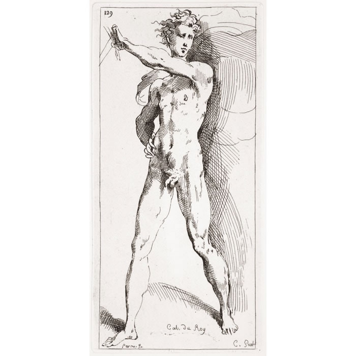 Figure of a man standing, his right hand on his side and his left arm outstretched - Une estampe d’après  Parmigianino