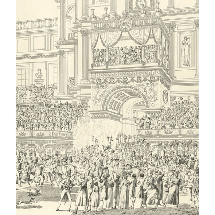 L’Empereur et l’Impératrice recevant sur le grand balcon des Tuileries, les hommages des troupes qui défilent devant eux - Une estampe d’après Charles Percier