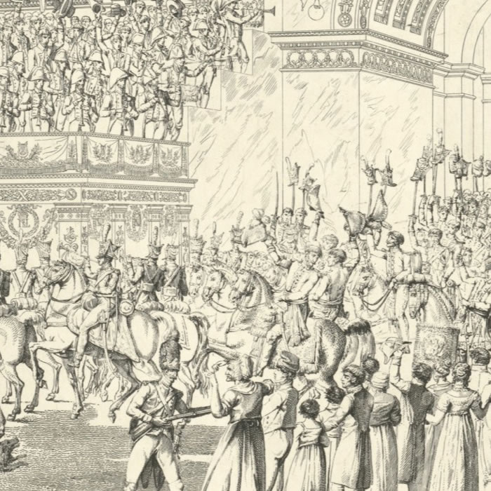 The Emperor and Empress receiving tributes from the troops parading before them, on the great balcony of the Tuileries - Une estampe d’après Charles Percier