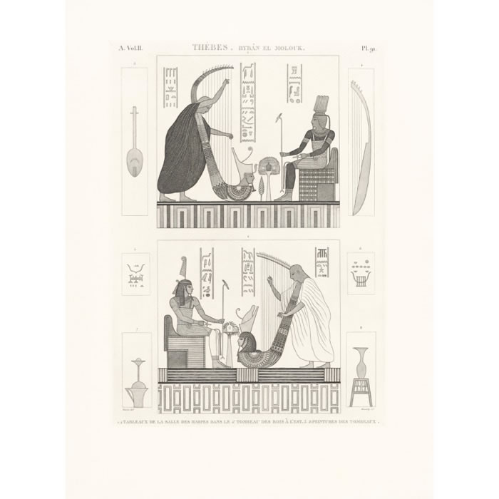 Byban El-Molouk. Tableaux de la salle des harpes dans le 5e tombeau des rois à l’est. Peintures des tombeaux - Une estampe d’après André Dutertre