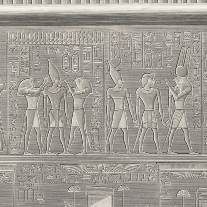 Thèbes. Karnak. Sculptures coloriées recueillies dans les appartements de granit et dans la grande galerie du palais - Une estampe d’après Henri-Joseph Redouté