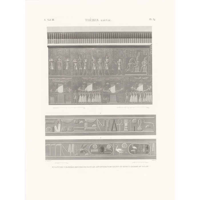 Thèbes. Karnak. Sculptures coloriées recueillies dans les appartements de granit et dans la grande galerie du palais - Une estampe d’après Henri-Joseph Redouté