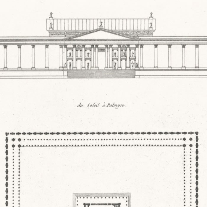Elevations and plans from the Temple of the Sun in Palmyra and the Temples of Soloman according to the king and according to Villalpando - Une estampe d’après Jean Nicolas Louis Durand